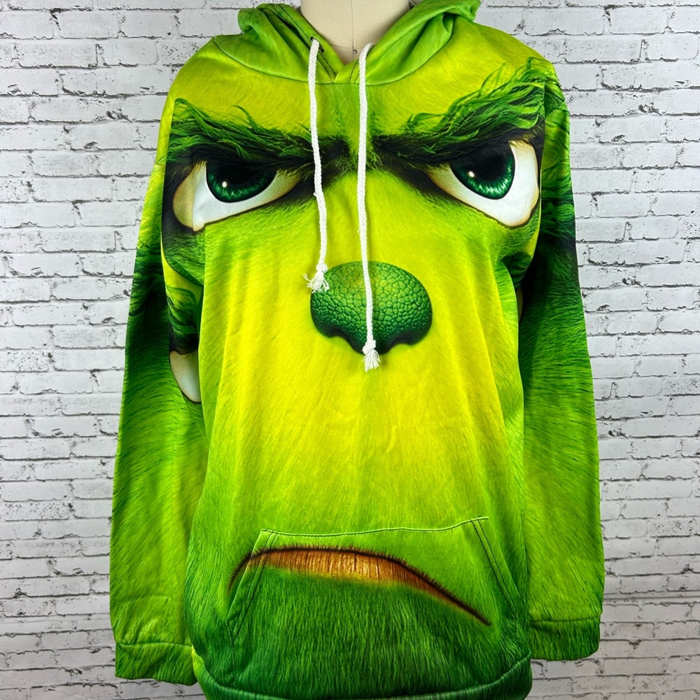 NWT Lime Green Animated Grinch Face Pullover Hoodie size XL